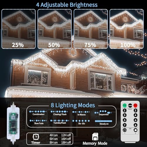 Icicle Lights for Outside, 82ft 880 LED Icicle Christmas Lights Outdoor Waterproof, 176 Drops with Remote, 8 Modes & Dimmable, Timer for Christmas, Wedding, Party, House, Roof Decoration - Image 4
