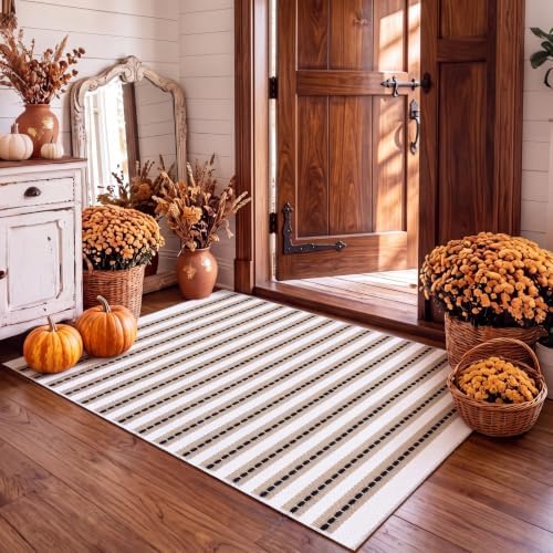 Moucuny 2'4'' X 3'7'' Khaki Black White Fall Vertical Stripe Outdoor Rug - Image 6