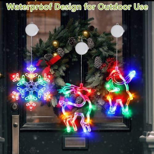3Pcs Christmas Window Lights, Battery Powered Christmas Window Hanging Decorations Reindeer & Xmas Tree & Snowflake Shaped Indoor Lights with Suction Cup, Timer for Xmas New Year Home Decor - Image 4