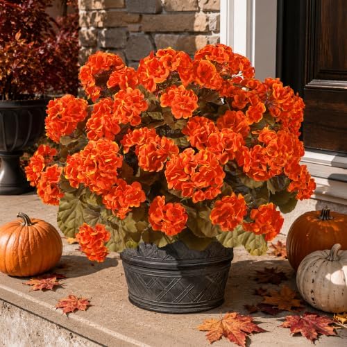 Fake Geraniums Artificial Flowers for Outdoors Fall Autumn Decoration, 6 Bundles Silk Geraniums Look Real Faux Fall Flowers Plants for Front Door Garden Planter Patio Balcony Yard Home Indoor, Orange - Image 3