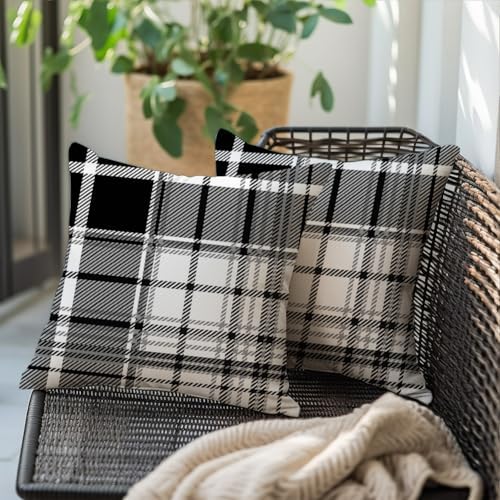 RABUSOFA Pillow Covers 18x18 Inch Indoor Outdoor Waterproof Set of 2 Buffalo Plaid Striped Holiday Decorative Cushion Cases for Home Patio Decor Decorations Couch Black - Image 2
