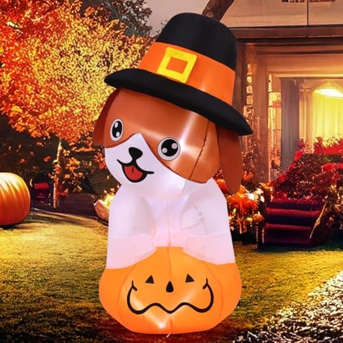 GOOSH 5.2 FT Thanksgiving Inflatables Dog Outdoor Decorations Blow Up Yard Cute Puppy Standing on a Pumpkin with Pilgrim Hat with Built-in LEDs for Garden Lawn Indoor Party Decor - Image 5