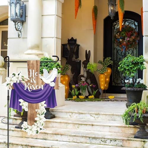 He is Risen Easter Garden Flag Banner Outdoor Decorations for Outside Double-Sided Printed, Cross Rise Christian Jesus Lily Flowers Bunting Yard Flags House Yard Spring Seasonal Decoration - Image 2