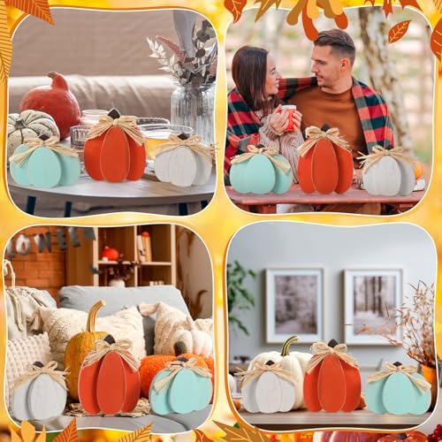 Ferraycle 3 Pcs Fall Pumpkin Decor Fall Wooden Signs 3D Pumpkin Tabletop Decor Farmhouse Sign Rustic Tiered Tray Decorations Block Centerpieces Standing Sign for Home Kitchen Harvest(Stylish Color) - Image 5