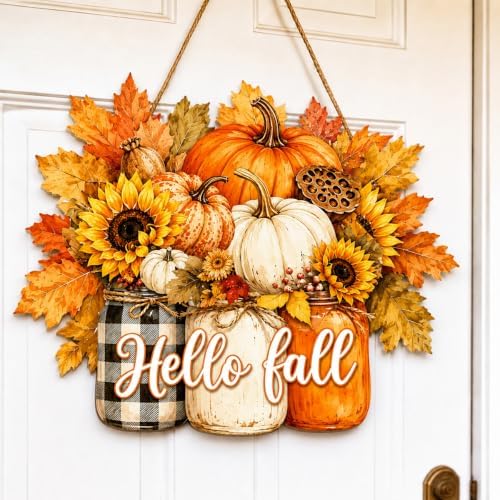 Fall Door Decor Wooden Pumpkin Door Hanger, Hello Fall Sign for Front Door by Unknown