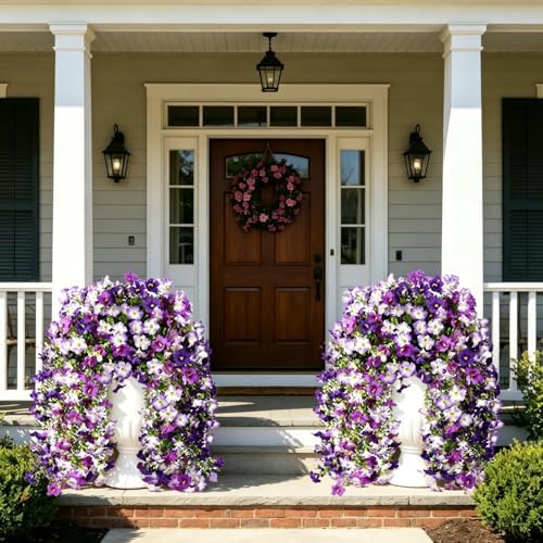 Artificial Hanging Flowers for Outdoors Spring Summer Decoration, 2 PCS Faux Silk Morning Glory Flowers UV Resistant Artificial Hanging Plants Realistic Long Vines for Garden Porch Patio (Purple) - Image 3