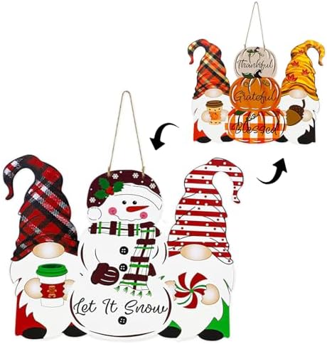 Reversible Fall Thanksgiving Decor/Christmas Decorations for Home, Thankful Pumpkin Fall Gnome Welcome Sign Porch Wall Door Hanger, Christmas Wreath Wall Decor Let It Snow Sign by OLINLIFE