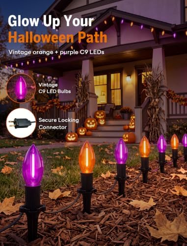 Halloween Pathway Lights Outdoor, 19.5Ft Orange Purple Halloween String Lights with 10 C9 LED Bulbs and Stakes, Connectable Outdoor Waterproof Marker Stake Lights for Halloweens Path Yard Lawn, Garden - Image 6