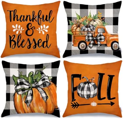 GEEORY Fall Decorative Throw Pillow Covers 16 x 16 Inch Set of 4, Pumpkins Thankful Blessed Buffalo Plaid Fall Decor Outdoor Farmhouse Pillow Cases for Home Couch (Orange Color) G337-16 by GEEORY