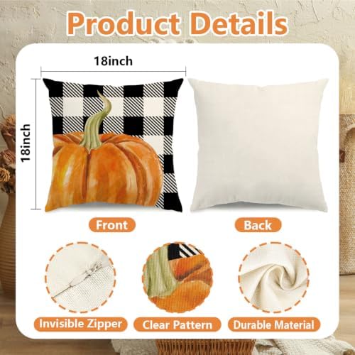 Fall Pillow Covers 18x18 Thanksgiving Farmhouse Decorations Buffalo Plaid Pumpkin Maple Leaf Outdoor Fall Decor Throw Pillow Covers Blessed Autumn Harvest Cushion Case for Sofa Couch Set of 4 - Image 6