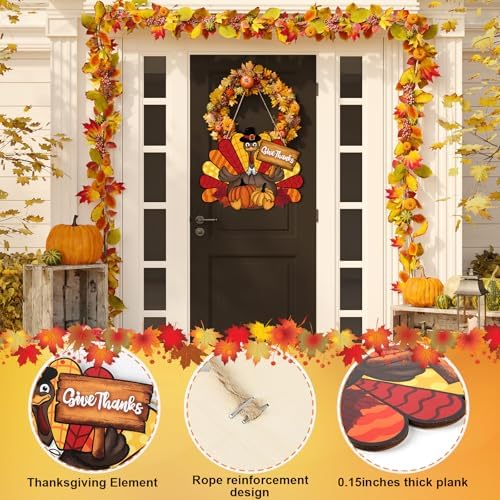 Thanksgiving Decoration Wooden Turkey Pumpkin Door Wreath for Front Door Sign Wall Signs, Thankful Blessed Grateful Pumpkin Sign Hanging for Fall Autumn Harvest Home Halloween Decoration - Image 2