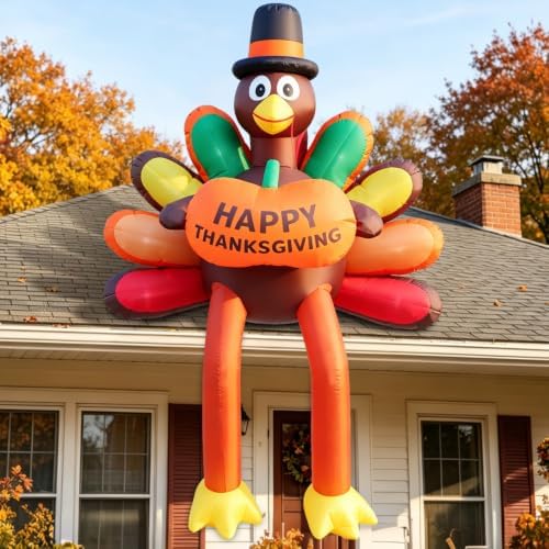 DomKom 8 FT Thanksgiving Turkey Inflatable Outdoor Decorations, Giant Roof Blow Up Turkey with Happy Thanksgiving Pumpkin Sign, Long Legs & Built-in LED Lights for Yard Lawn Garden Holiday Decor by DomKom