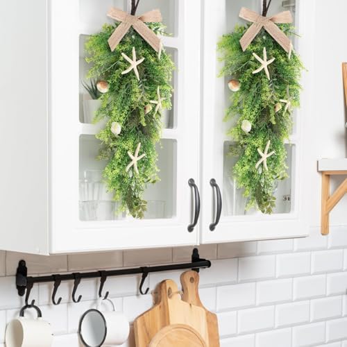2 Pcs 24"Coastal Teardrop Swag Beach Seashell Starfish Wreath with Green Leaves for Front Door Wedding Farmhouse Starfish Conch Shells Wreath for Indoor Outdoor Spring Summer All Seasons Home Decor ﻿ - Image 6