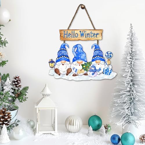 Hello Winter Sign Wreath 10.2x13.8in Gnome Welcome Sign for Front Door Decor Winte Wooden Door Hanging Plaque Sign Christmas Winter Holiday Decorations for Home Window Wall Indoor Outdoor - Image 5