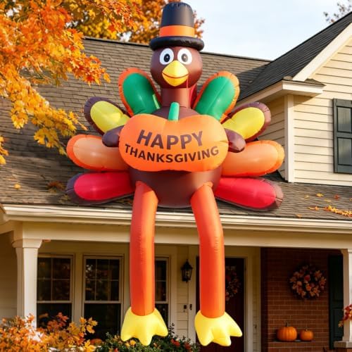 DomKom 8 FT Thanksgiving Turkey Inflatable Outdoor Decorations, Giant Roof Blow Up Turkey with Happy Thanksgiving Pumpkin Sign, Long Legs & Built-in LED Lights for Yard Lawn Garden Holiday Decor - Image 3