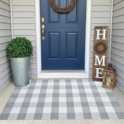 Buffalo Plaid Outdoor Rug 3x5 Ft Gray and White Checkered Area Rug Washable Doormats Indoor Outdoor Rugs for Layered Front Door Mats, Porch, Entryway, Kitchen, Farmhouse by WAYYE