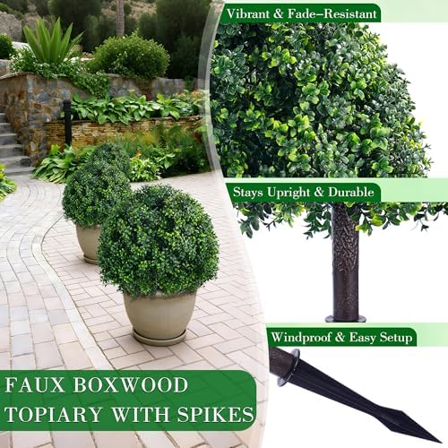 28 Inch Artificial Boxwood Trees, 2 Sets Faux Boxwood Topiary with Spikes, Pot Filler Fake Shrubs Plants for Outdoor Planters, Round Topiary Bush Balls Front Porch Home Garden Spring Decor - Image 4