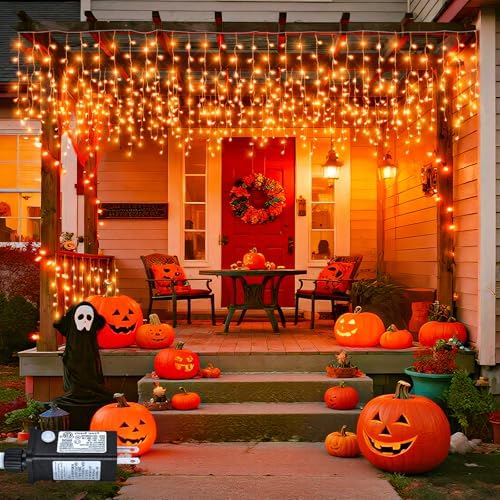 66ft Orange Halloween Lights Outdoor, 640LED Icicle Lights for Outside Indoor Twinkle Christmas Light with Connectable Clear Wire 8 Modes Timer Waterproof for House Party Tree Holiday Yard Patio Decor by Nielfoi
