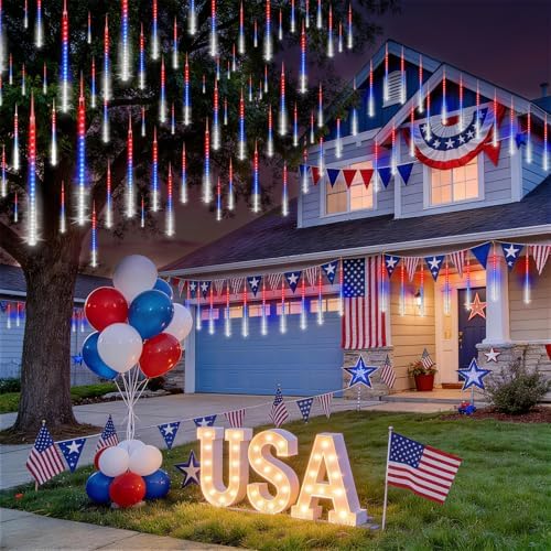 KNONEW 4th of July Solar Lights, USA 250th Anniversary Red White and Blue Solar Lights, 20 Tube 720 LED Waterproof Meteor Shower Lights for Independence National Memorial Day Decor - Image 6