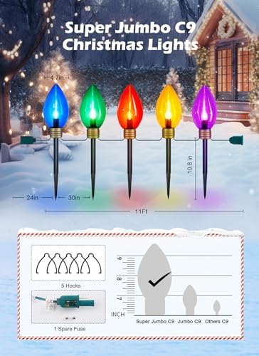 11Feet 5 LED Super Jumbo Christmas String Lights or Pathway Marker Lights, Outdoor Xmas Decorations- Jumbo C9 Hanging Lights Waterproof Lawn Dec for Holiday Home Tree Roof Yard Garden, Multicolor - Image 2