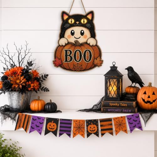 Halloween Door Sign Cute Ghost Wear a Black Cat Hat Pumpkin BOO Decor - Image 5