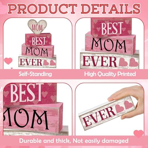 Yuntau 4 Pcs Mothers Day Table Decorations Best Mom Ever Wooden Blocks Sign - Image 5