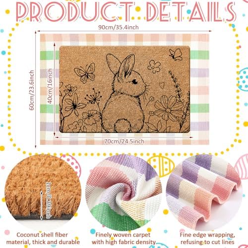 Duraaamo 2 Pcs Easter Coir Doormat Outdoor Rug Pastel Egg Welcome Door Mat Layered Buffalo Plaid Colorful Plaid Rug Coir Easter Mat for Outdoor Front Porch Entryway Decor - Image 3