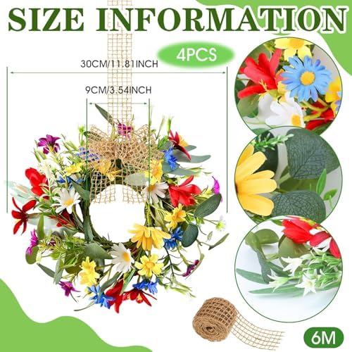 4 PCS 9'' Mini Floral Kitchen Cabinet Wreath Small Artificial Spring Summer Wreath for Front Door with Burlap Ribbon Sunflowers Daisy Butterfly Hanging Farmhouse Wreaths for Porch Wall Window Decor - Image 3