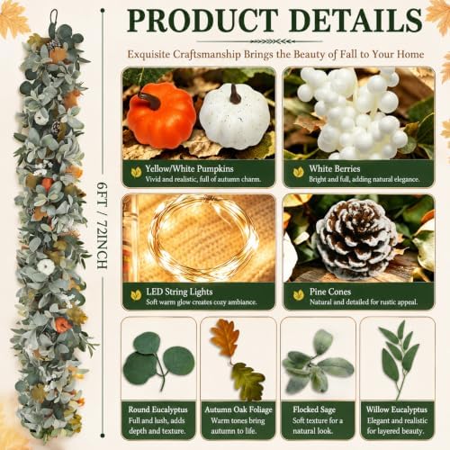 6FT Fall Garland with Lights for Autumn Mantel Decor - Image 2