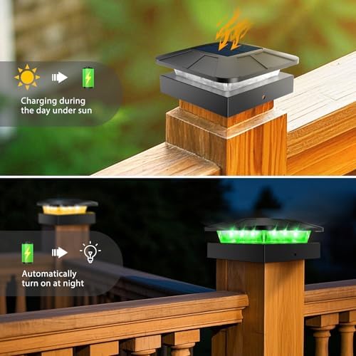 Peasur 4x4 Solar Post Lights Outdoor, 4 Packs Green & Warm White LED Fence Caps Light Waterproof, Wood & Vinyl Post Top Lighting for Deck Mailbox Railing Porch Outside - Image 5