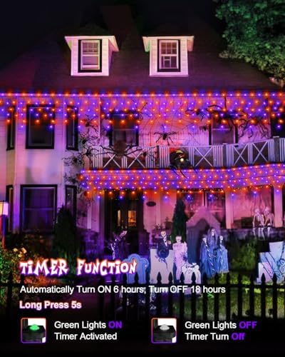Outdoor Halloween Lights, Waterproof 53FT 486 LED Hanging String Lights with 108 Drops, 8 Modes Timer, Connectable Plug-in Outside Lights for Party Eaves Yard Decorations, Purple and Orange - Image 3