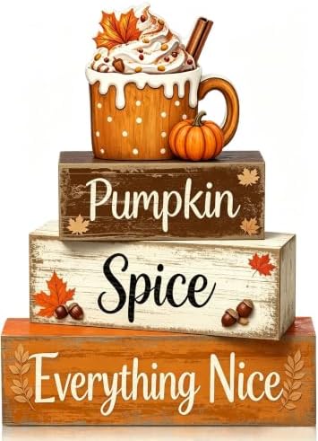 4 Pcs Pumpkin Spice Fall Tiered Tray Decor, Rustic Wooden Stacked Block Signs, 3D Pumpkin Latte Cup Topper Autumn Coffee‑Bar Table Centerpiece, Farmhouse Thanksgiving Harvest Home Shelf Decor by ZOMPAKER