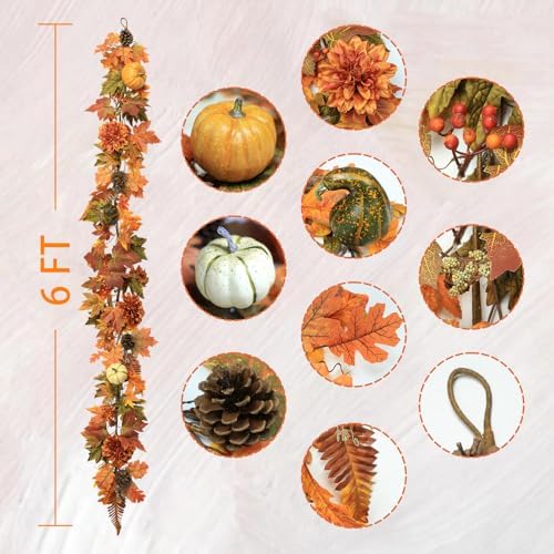 Artificial Fall Maple Leaves Garland Hanging Vine 6Ft Fake Pumpkin Pine Berries Autumn Decoration Garland Decor for Fireplace Home Doorway Party Indoor Outdoor - Image 5