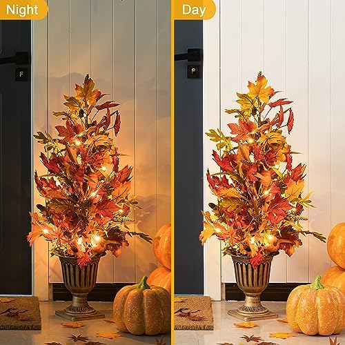 Glitzhome 2 Pcs Fall Maple Trees with Lights & Timer, 36''H Lighted Artificial Urn Potted Porch Tree with 20 Warm White LEDs, Decorative Fall Front Door Trees for Outdoor Indoor Porch Entryway - Image 3