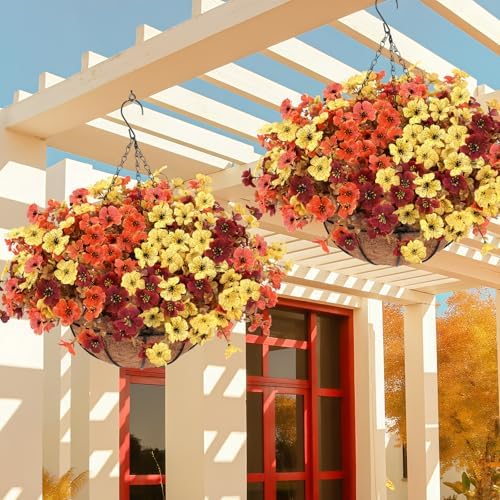 Geegoods 2-Pack Artificial Fall Mums Hanging Baskets for Outdoors - Image 5