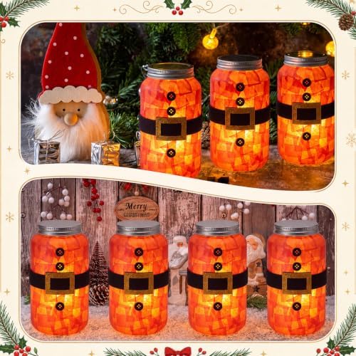 Qinyoung 12 Pcs Santa Belt Crafts Mason Jars Tissue Paper Crafts with LED Candle Light DIY Suncatchers Decoration Make Your Own Christmas Glittering Santa Jars Supply for Winter Xmas Home Art Activity - Image 5