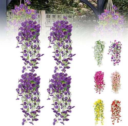 Artificial Flowers for Outdoors Fake Morning Glory Hanging Flower Decoration, 4 Pcs Realistic Faux Plants Petunias Trailing Vines, Spring Summer Decor for Porch Patio Balcony Planter Yard(Purple) by BloomwithJoy