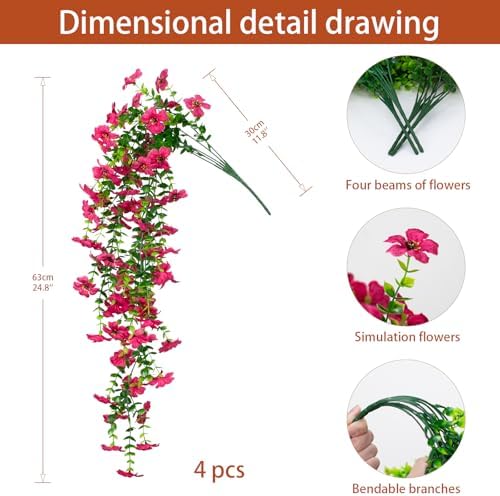 LikSoor 4 Pcs Artificial Outdoor Hanging Plants Spring Summer Decoration UV Resistant Faux Silk Flowers for Outside, Garden, Porch, Window, Home Decor (Rose Red) - Image 2