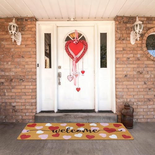 Long Doormat 48x 16 inch Front Door Mat Welcome Doormat Valentine's Day Front Door Mat Red Heart Welcome Floor Mat for Valentine's Day Front Door Outdoor Indoor Porch Entrance Decor Brown - Image 4