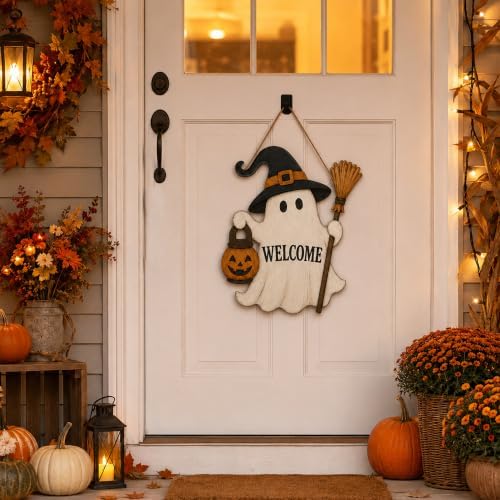 Halloween Ghost Welcome Sign, Cute Halloween Front Door Hanger, Spooky Wooden Welcome Sign for Indoor Outdoor Yard, Сute Ghost Home Decorations Signs - Image 3