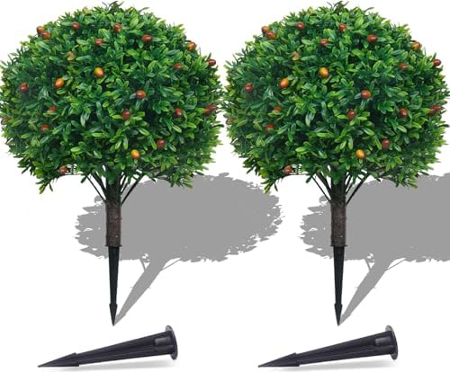 PATIO CHOICE Topiary Trees Artificial Outdoor Boxwood Ball Trees with Ground Spike Set of 2 22" Fake Outdoor Plants Faux Bushes and Shrubs Decorations for Outdoor Indoor Front Porch Garden by LittleBeaver