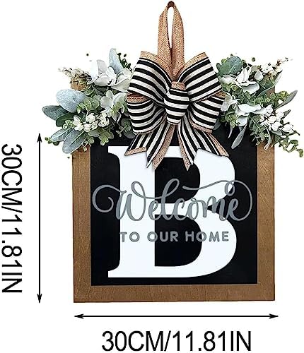 Last Name All Year Round Front Door Wreath with 26 Initial Letter Welcome Sign All Seasons Eucalyptus Garland and Bow ，Farmhouse, Porch, for Spring Summer Fall All Seasons Holiday Halloween Christmas. (B) - Image 5