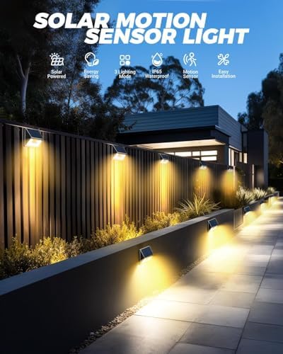 Vighep 4 Pack Solar Fence Lights, Waterproof Motion Sensor Deck Outdoor, Warm White LED Outside Wireless for Wall Yard Steps Stairs Garden - Black - Image 2