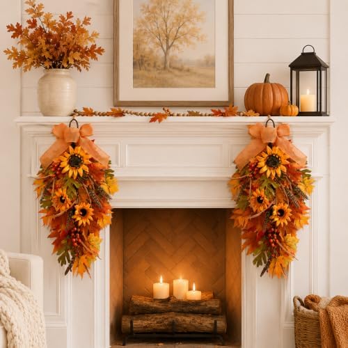 2 Pack Fall Sunflower Swags Wreaths for Farmhouse Front Door Decor - Image 4