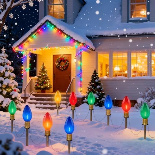 Abeja 2 Pack 7Ft C9 Outdoor Pathway Lights, Outdoor Christmas Pathway Markers Stakes Lights with 8 Jumbo C9 Multicolor LED Bulbs, Connectable Christmas Yard Decoration for Driveways Garden Holiday by Abeja