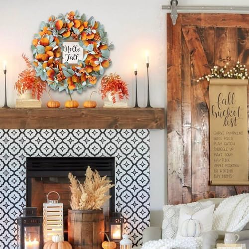 22 inch Fall Wreath Artificial Green and Orange Wreaths for Front Door with Lamb's Leaves Eucalyptus Leaves Berries Wreath for Indoor Outdoor Porch Thanksgiving Harvest Celebration - Image 5