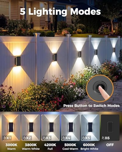 vighep Solar Fence Lights Outdoor 6 Pack, 5CCT(3000K-6000K) Up and Down Solar Wall Lights, IP65 Waterproof Dusk to Dawn Wood Fence Lights Solar Powered for Patio, Porch, Backyard, Garage, Wall Decor - Image 3