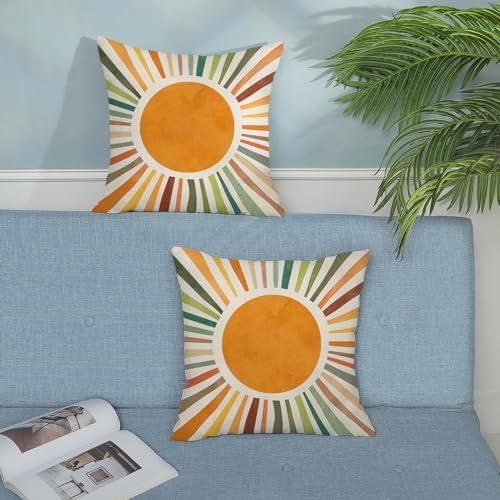 Summer Pillow Covers 16x16 Set of 2, Boho Sun Throw Pillows Stripes Yellow Green Orange Sunshine Decorations Watercolor Rainbow Pillow Cases Linen Outdoor Decor Cushion Case for Home Sofa - Image 4