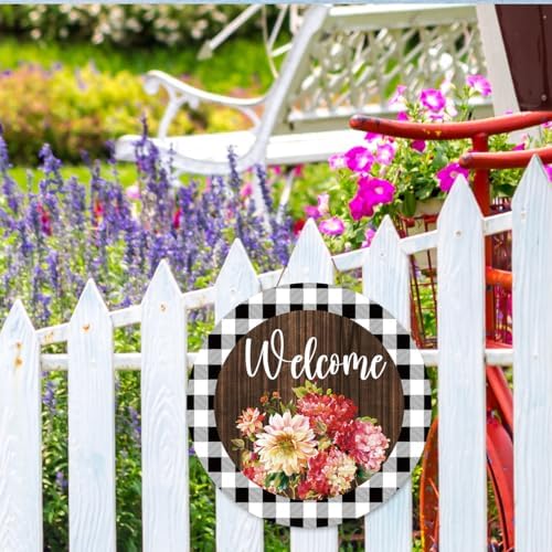 Welcome Spring Sign for Front Door,Red Geranium Wooden Sign Indoor Wall Hanging Decor,Spring Floral Round Wood Hanging Decoration for Home Front Door Porch - Image 7