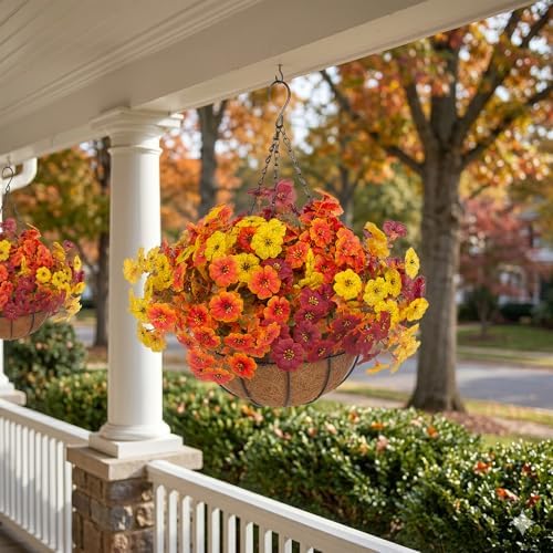 Hananona 2 Set Artificial Outdoor Fall Flowers with Hanging Basket, 2 Packs Hanging Planters with 24 Pcs Faux Fall Mums for Autumn Front Porch Garden Patio Home Decor (2, Orange,Yellow,Burgundy) - Image 5